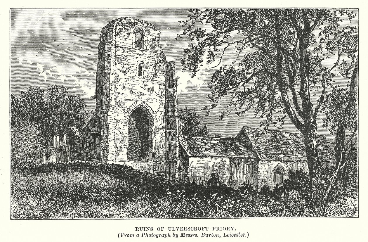 Zřícenina převorství Ulverscroft (rytina) od English School