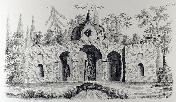 Venkovská jeskyně, z „Grotesque Architecture or Rural Amusement“, od Williama Wrighta, publikovaná kolem roku 1767-90 (rytina) (černobílá fotografie) od English School