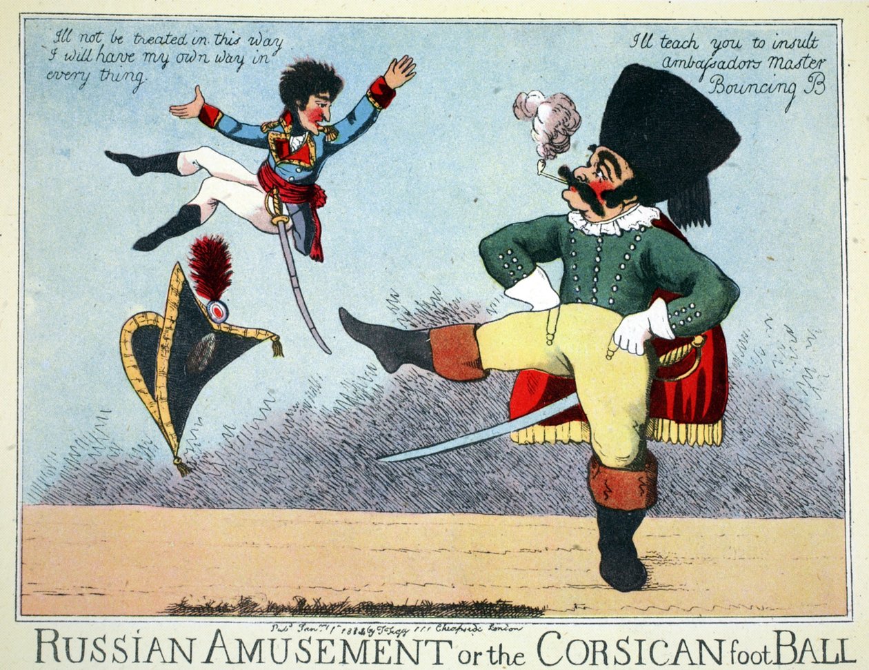 Ruská zábava nebo korsický fotbal, hospoda. Thomas Tegg, Cheapside, Londýn, leden 1814 (ručně kolorovaná rytina) od English School