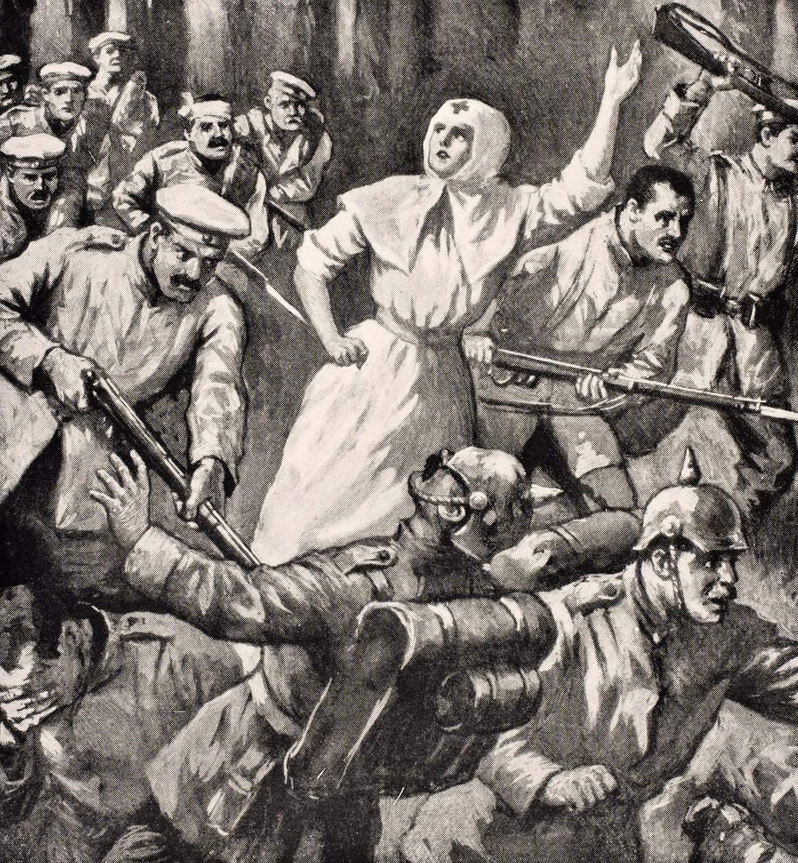 Ruská zdravotní sestra Mira Miksailovič Ivanoff vede muže proti Němcům, 1915, z ‚The War Illustrated Album deLuxe‘ vydané v Londýně, 1916 od English School