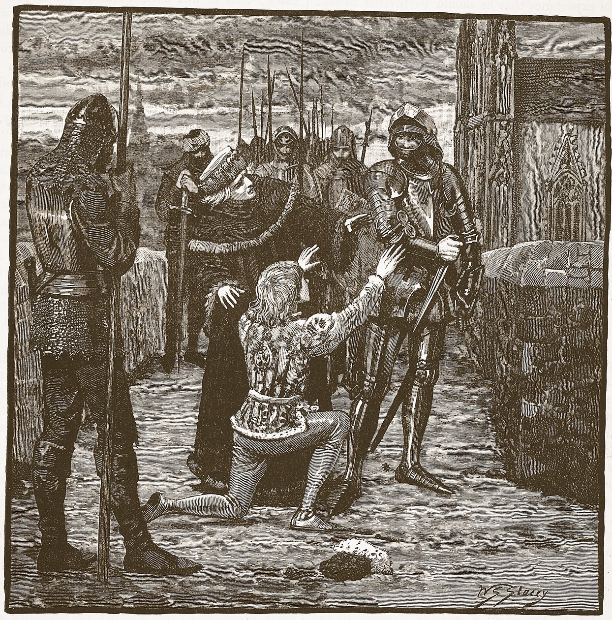 Rutland prosí Clifforda, aby ušetřil jeho život, ilustrace z Cassells Illustrated History of England (sépiová fotografie) od English School