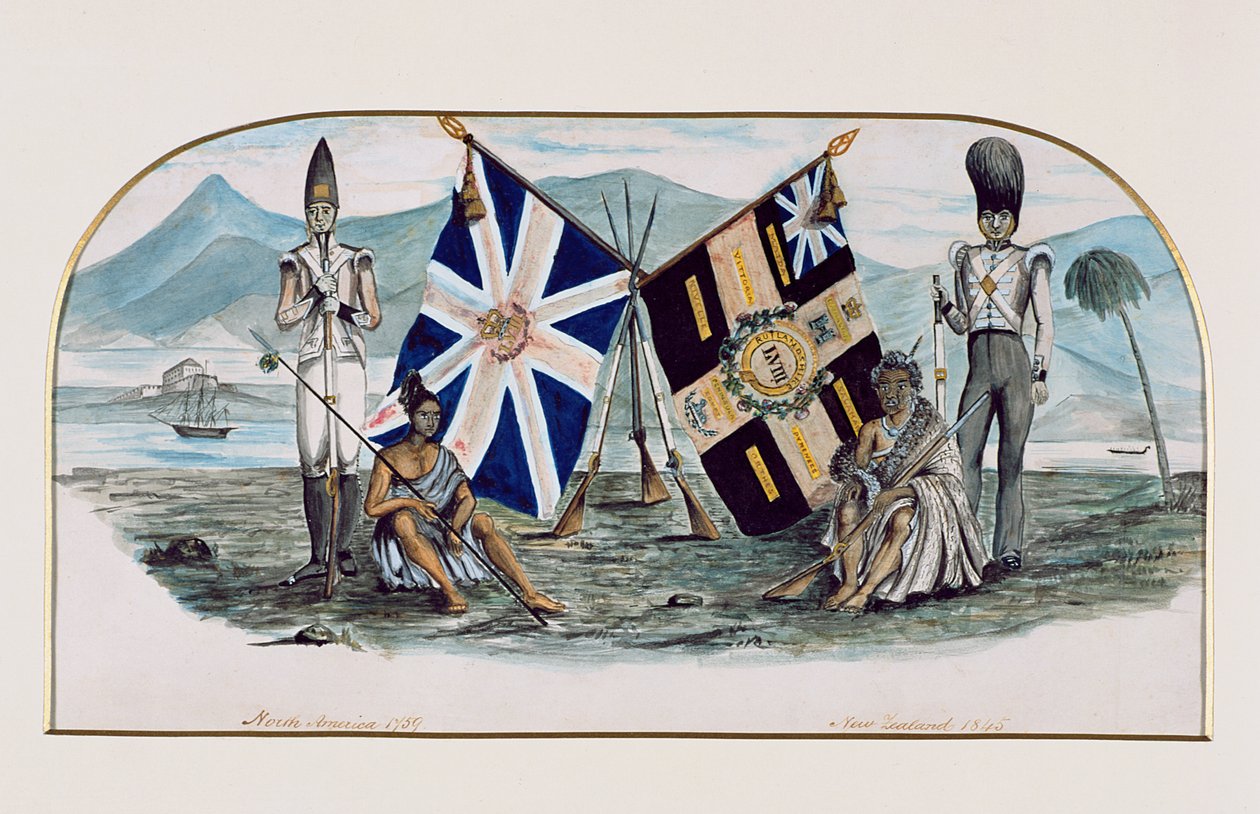 Rutlandshire Regiment, Severní Amerika 1759, Nový Zéland 1845, cca 1850 (wc na papíře) od English School