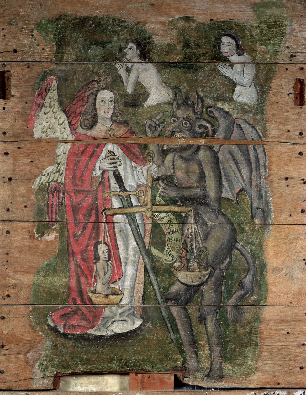 Saint Michael and the Devil, from the Wenhaston Doom, c.1500-20 (malované dřevo) od English School