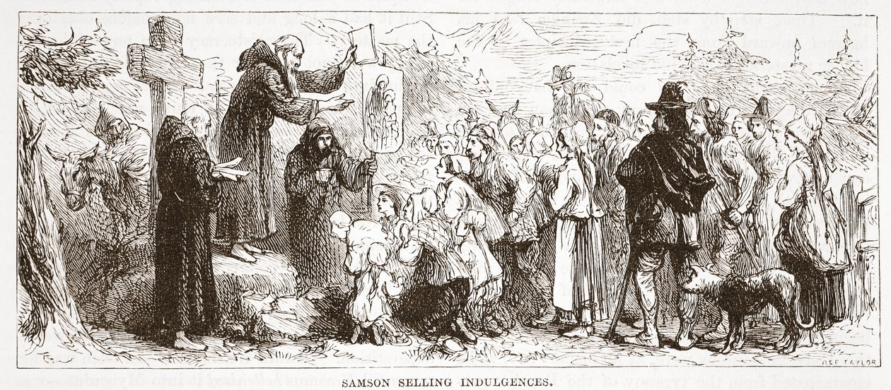 Samson Selling Indulgences, ilustrace z Historie protestantismu od Jamese Aitkena Wylie (1808-1890), hospoda. 1878 od English School