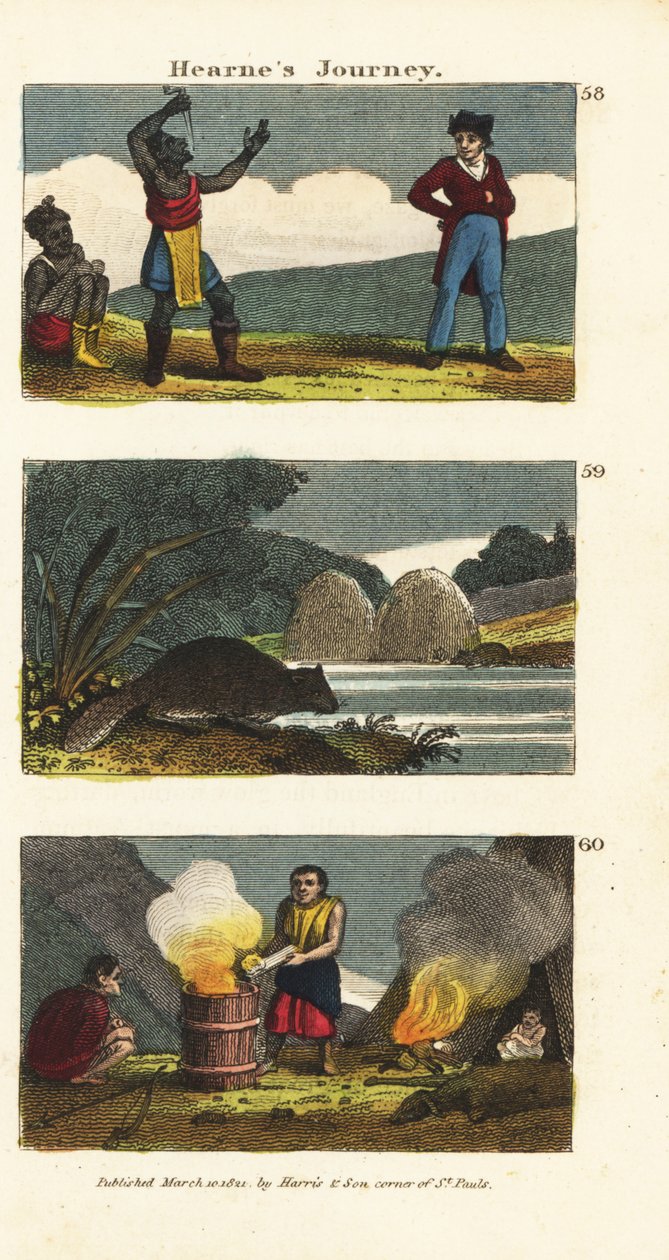 Samuel Hearne sleduje indiánské polykače mečů 58, severoamerického bobra, Castor canadensis 59 a indiány vařící vodu v dřevěném sudu s horkými kameny 60 od English School