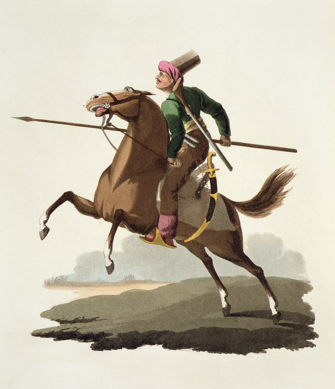 Saphir, z Costumes of the Various Nations, Volume VII, The Military Costume of Turkey, Thomas MacLean, publikovaný kolem roku 1800-18 (ručně kolorovaná akvatinta) od English School