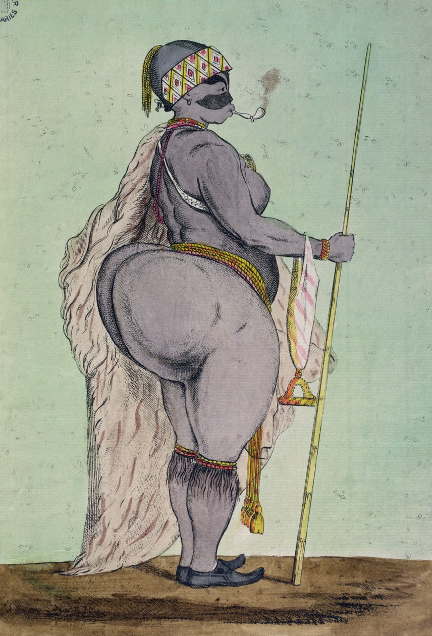Sartjee, Hottentotská Venuše, nyní vystavovaná v Londýně, čerpaná ze života, kolem roku 1810 od English School