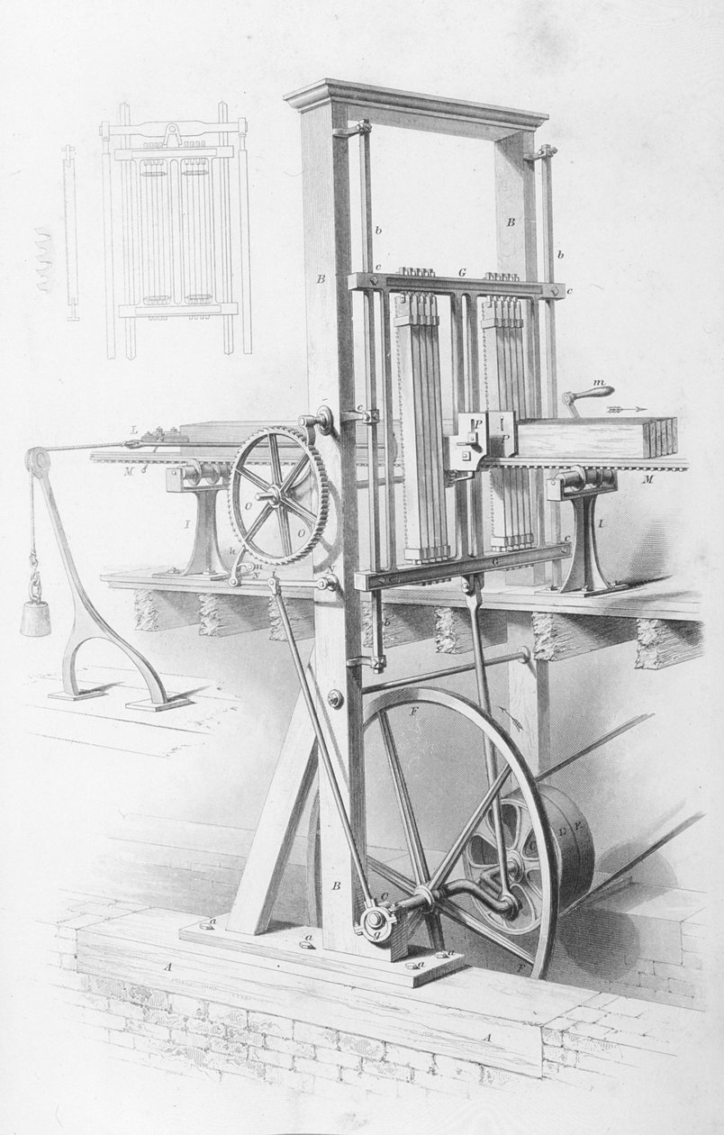 Saw in Saw Mill z Cyclopaedia of Useful Arts & Manufactures, editoval Charles Tomlinson, kolem 80. let 19. století od English School