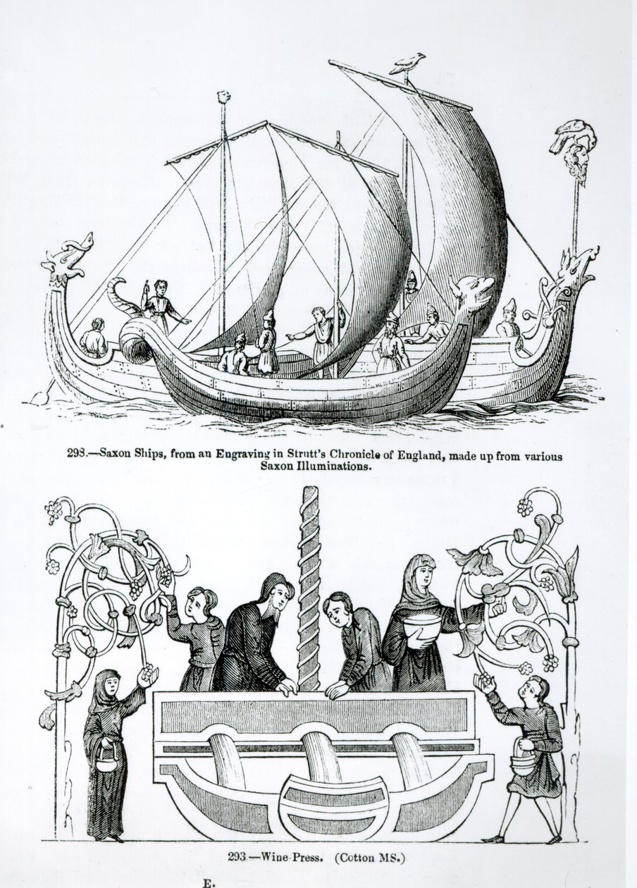 Saská loď, z rytiny ve Strutts Chronicle of England and a Wine Press od English School