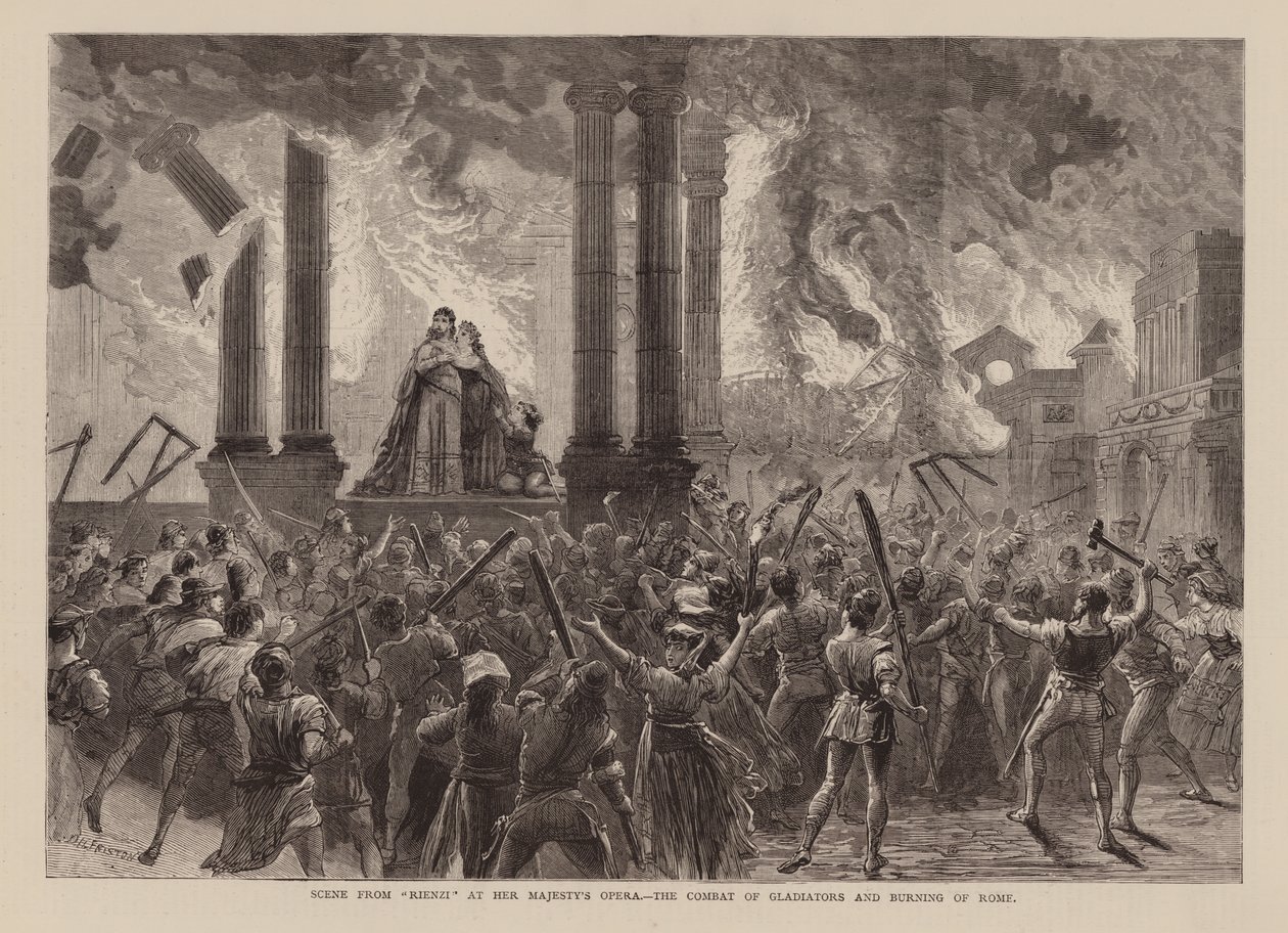 Scéna z "Rienziho" v Opeře Jejího Veličenstva, Boj gladiátorů a hořící Řím, Richard Wagner (rytina) od English School