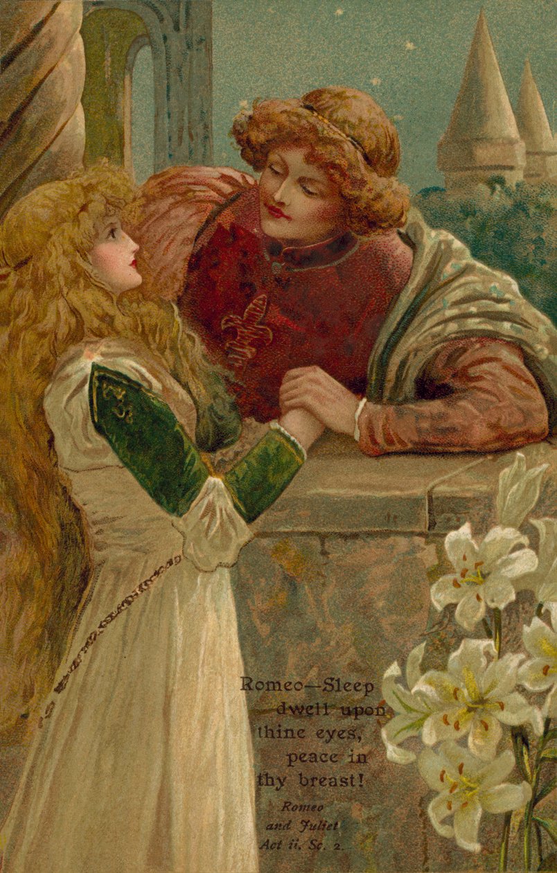 Scéna z Romea a Julie od Williama Shakespeara (barevná litografie) od English School
