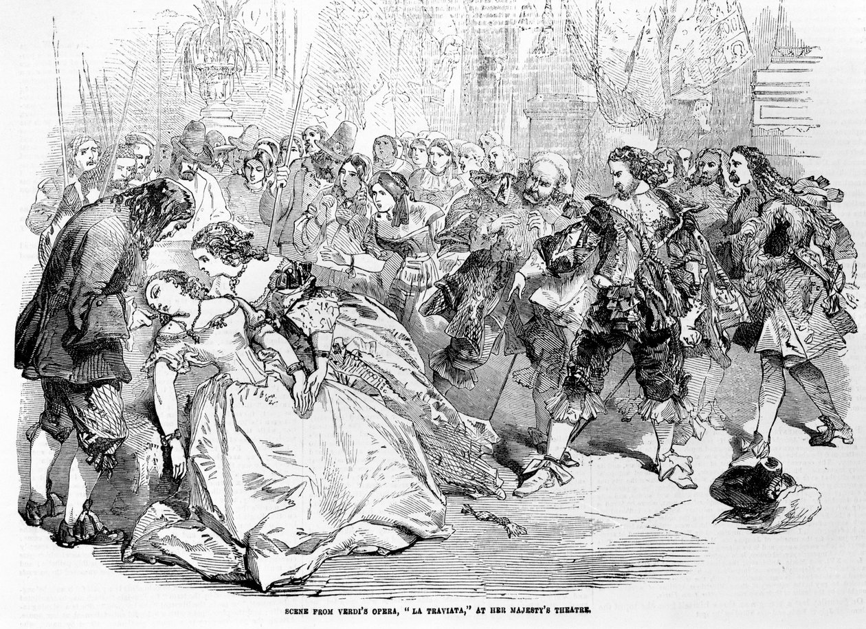 Scéna z Verdiho opery La Traviata v Divadle Jejího Veličenstva, 1856 od English School
