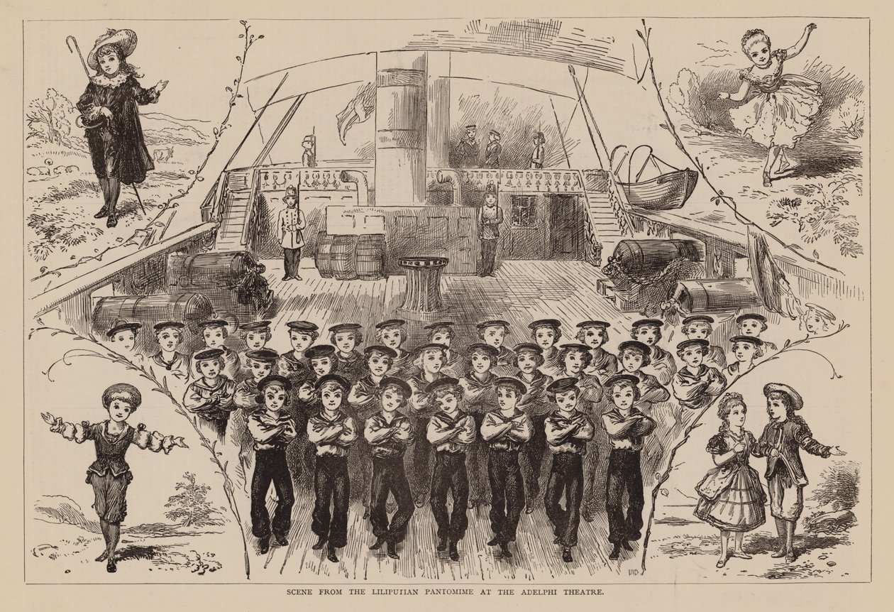 Scéna z liliputánské pantomimy v divadle Adelphi (rytina) od English School