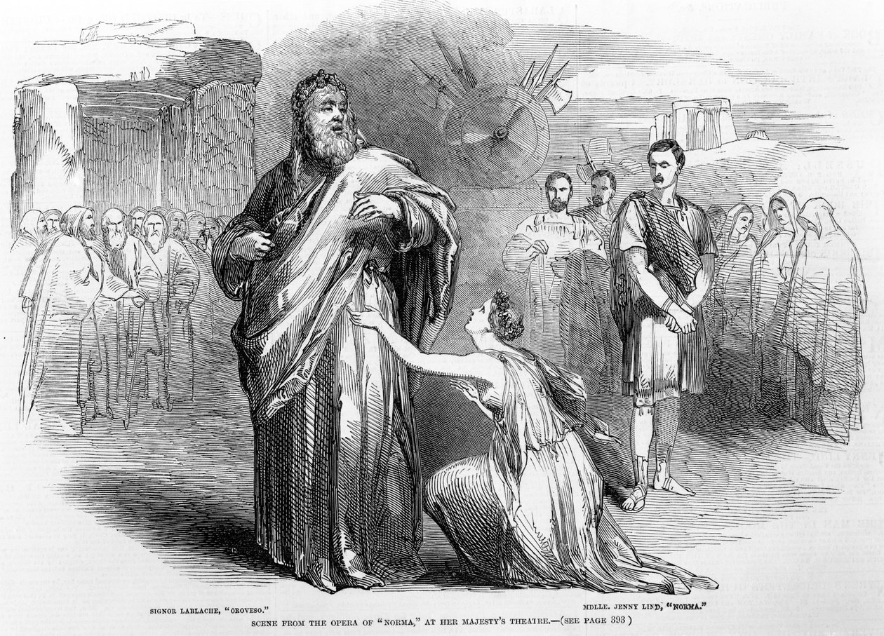 Scéna z opery Norma v divadle Her Majestys Theatre, Londýn, 1847 od English School