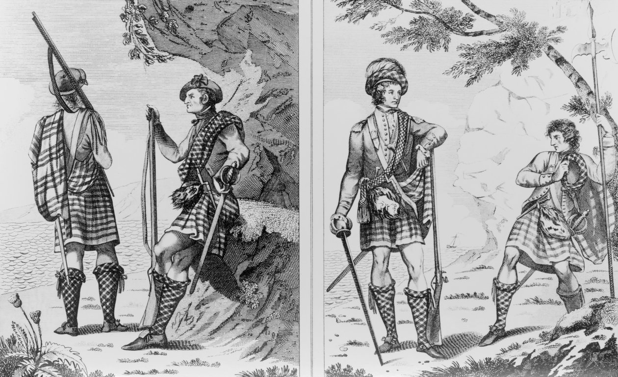 Skotští vojáci z Vysočiny a Highland Officer a Serjeant od English School