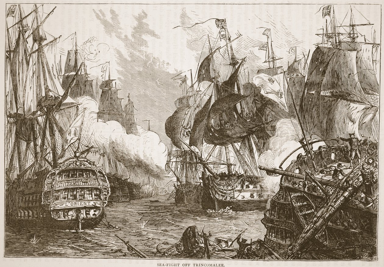 Sea-fight off Trincomalee, ilustrace z Cassells Illustrated History of India od Jamese Granta, hospoda. 1879 od English School