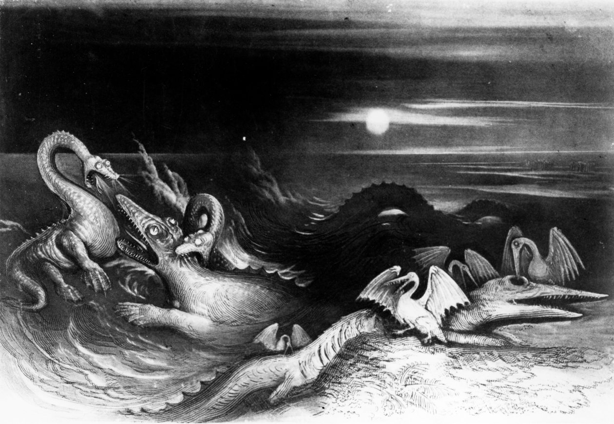 Boj s mořskými příšerami, z filmu The Great Sea Dragons od Thomase Hawkinse, 1840 (černobílá fotografie) od English School