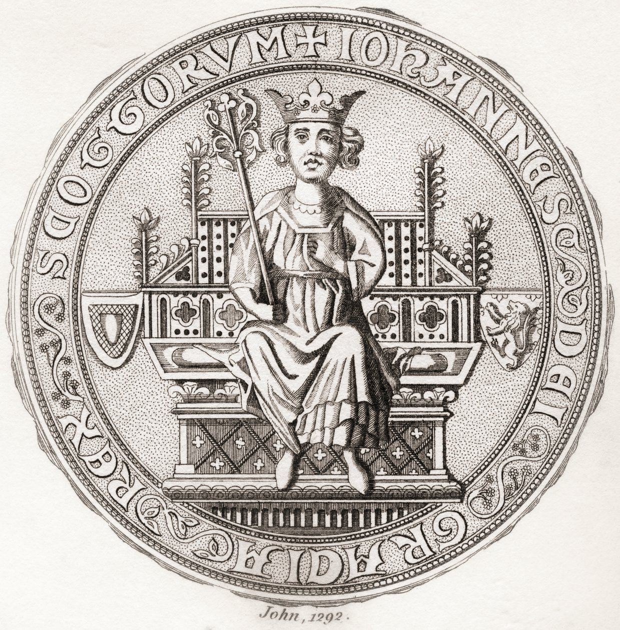 Pečeť Johna Balliola, kolem 1249 1314, aka, Toom Tabard, Skoti pro „prázdný kabát“, skotský král. Z Iconographia Scotica nebo Portréty slavných Skotska, publikoval 1797. od English School