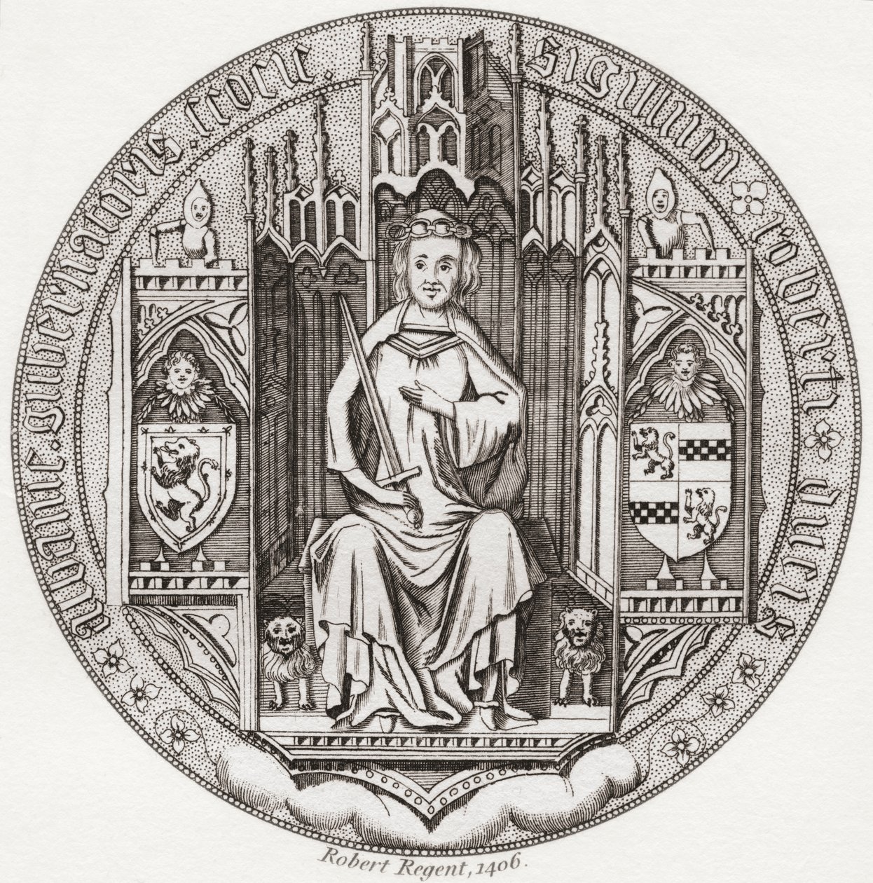 Pečeť Roberta Stewarta, vévody z Albany, c. 1340 1420. Člen skotského královského rodu, regent, guvernér Skotska, vévoda z Albany, hrabě z Fife & Menteith. Z Iconographia Scotica nebo Portréty slavných Skotska, publikoval 1797. od English School