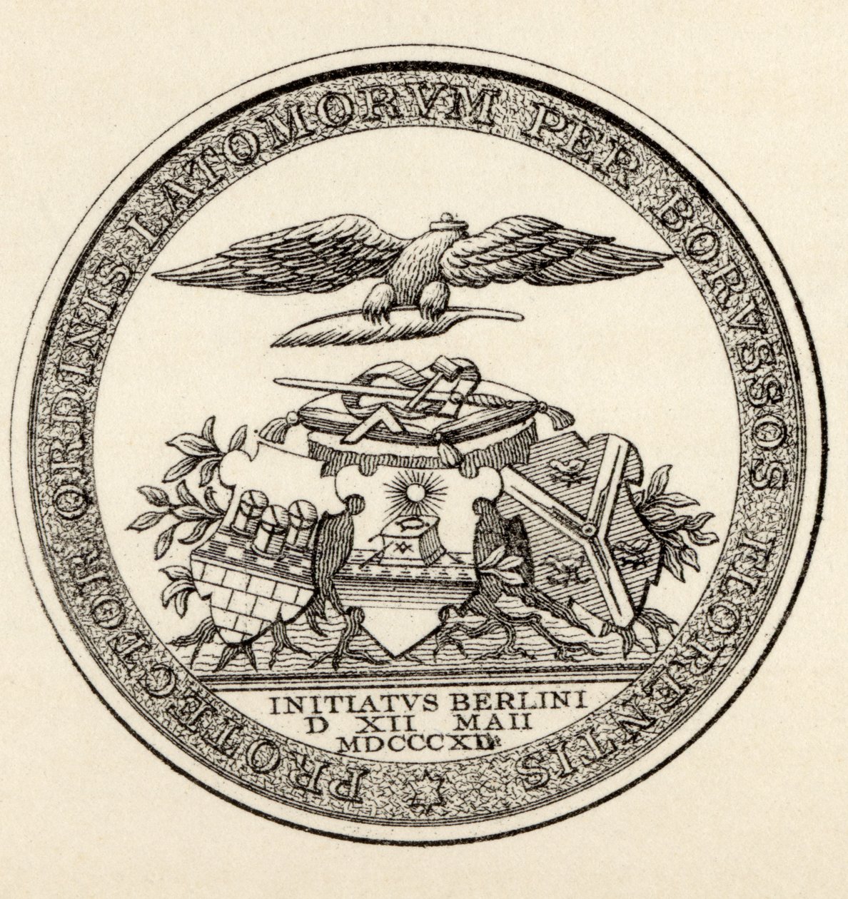 Pečeť zednářů z Berlína, 1812, z „Dějiny svobodného zednářství, svazek III“, vydané Thomasem C. Jackem, Londýn, 1883 od English School