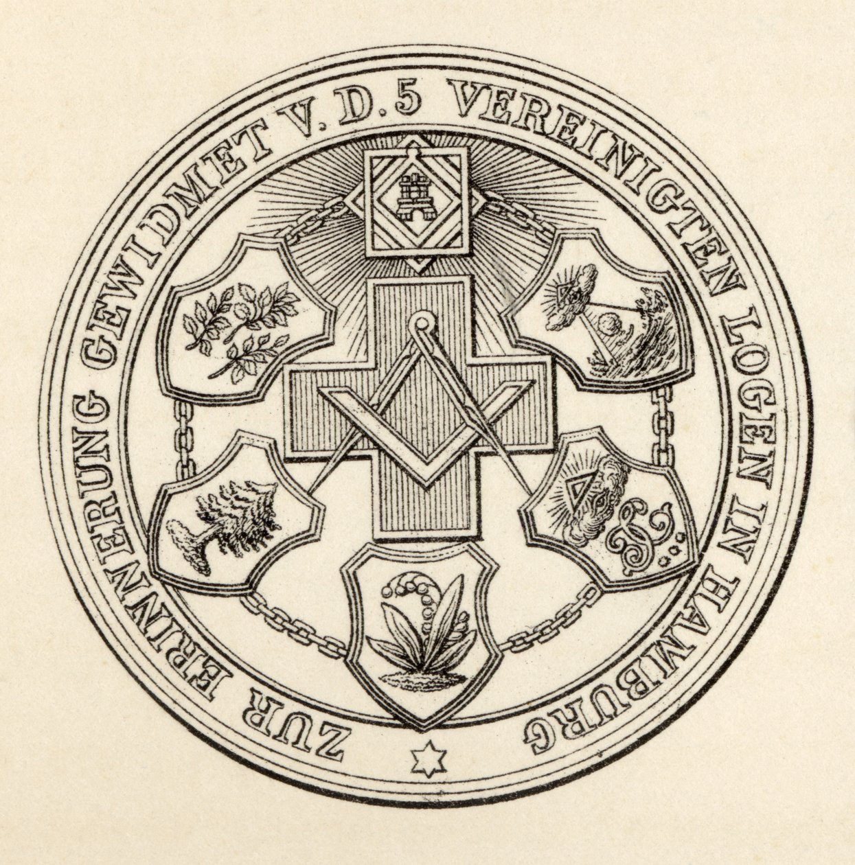 Pečeť zednářů z Hamburku, z „Dějiny svobodného zednářství, svazek III“, vydané Thomasem C. Jackem, Londýn, 1883 od English School