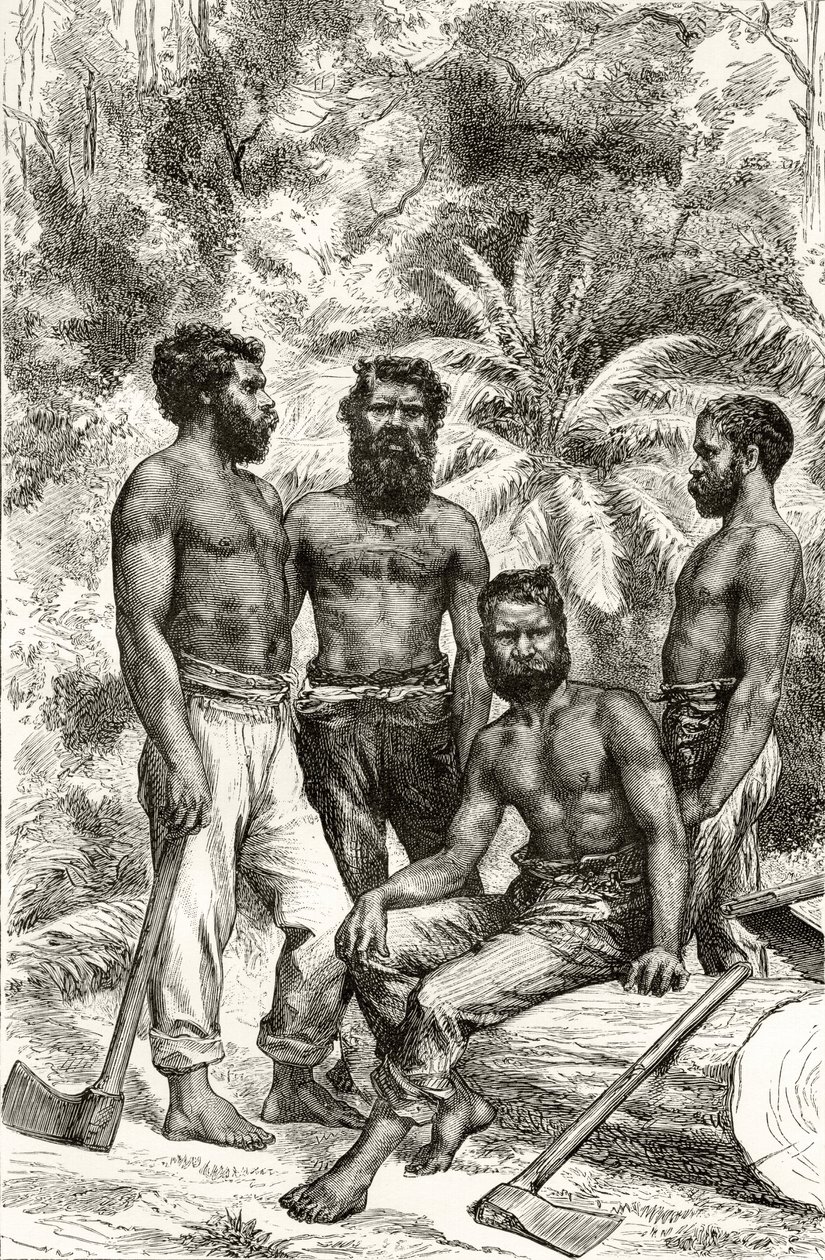 Polocivilizovaní viktoriánští domorodci, z knihy Howarda Willoughbyho "Australian Pictures", vydané Religious Tract Society, Londýn, 1886. od English School
