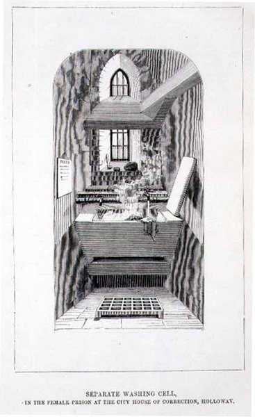 Samostatná mycí cela v ženské věznici v City House of Correction, Holloway, z filmu The Criminal Prisons of London and Scenes of Prison Life od English School