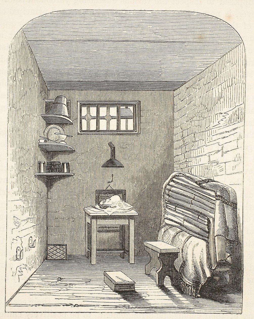 Oddělená cela ve staré části věznice v Brixtonu, ilustrace z knihy The Criminal Prisons of London and Scenes from Prison Life od Henryho Mayhewa a Johna Binnyho, vyd. 1862 od English School