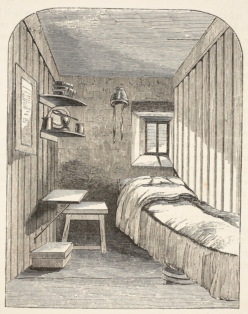 Oddělená spací cela v jednom z nových křídel ženské věznice v Brixtonu, ilustrace z knihy The Criminal Prisons of London and Scenes from Prison Life od Henryho Mayhewa a Johna Binnyho, pub. od English School