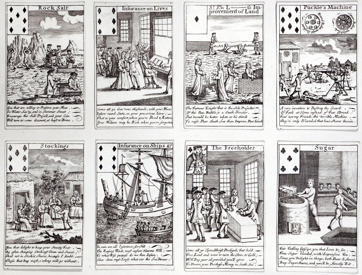Sada hracích karet zobrazujících satirické scény současných komerčních podniků a investic, kolem roku 1720 od English School