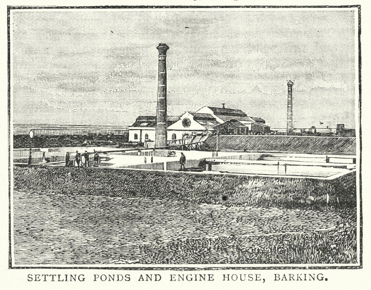 Osídlovací rybníky a strojovna, Barking (rytina) od English School