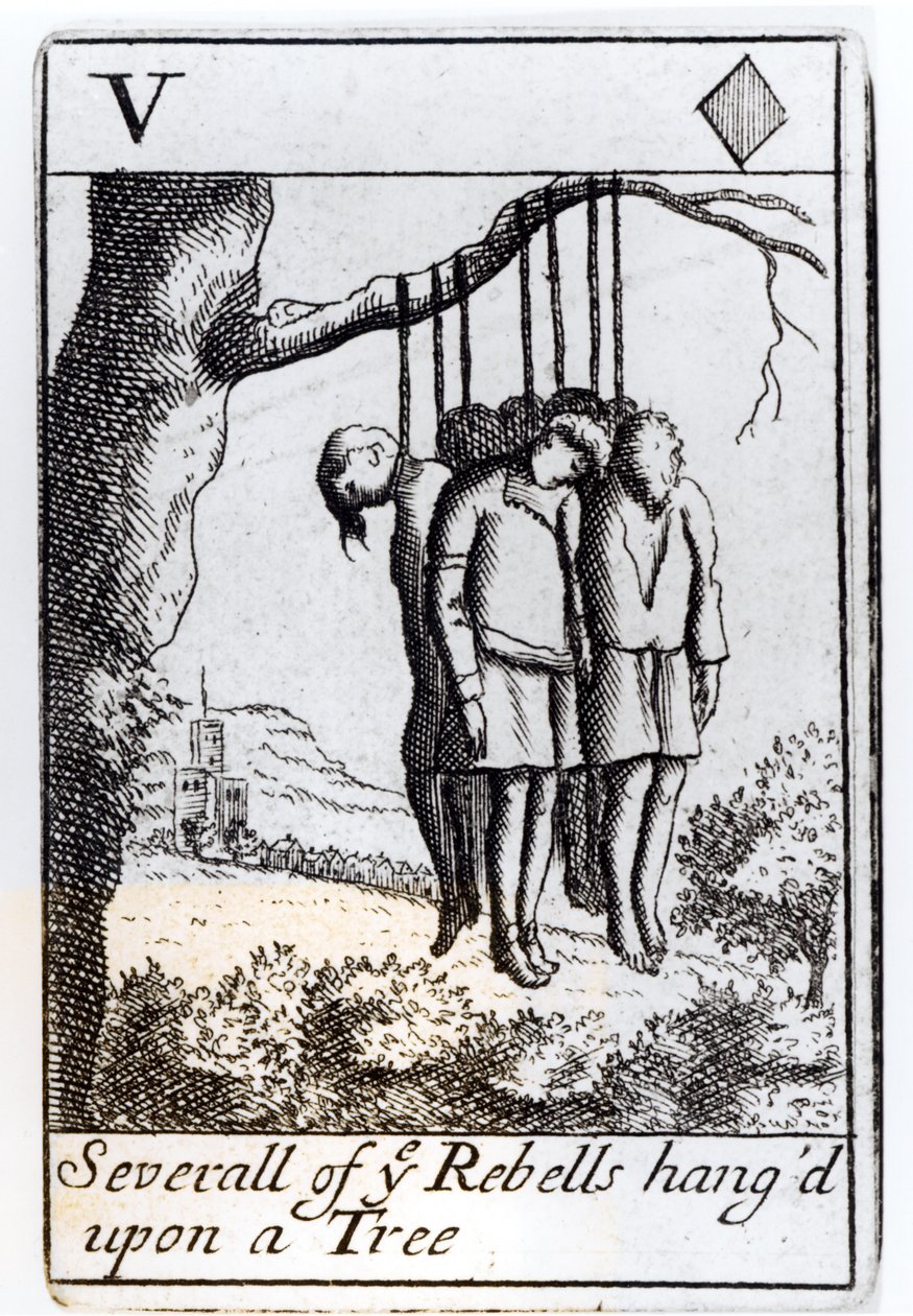 Několik rebelů viselo na stromě, pět srdcí hrající karty ze sady připomínající povstání Monmouthů v roce 1685 od English School