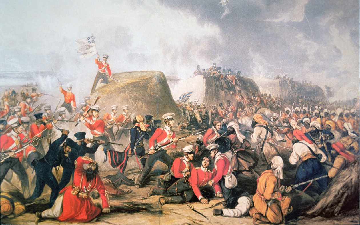 Sgt. McCabe zvyšuje barvy na hradbách v bitvě u Sobraon (barva litho) od English School
