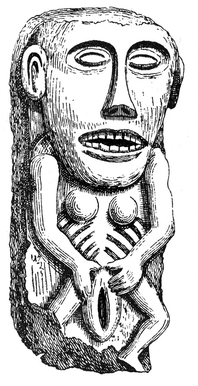Sheela-na-Gig, z hradu Ballinahend, Tipperary, Irsko od English School