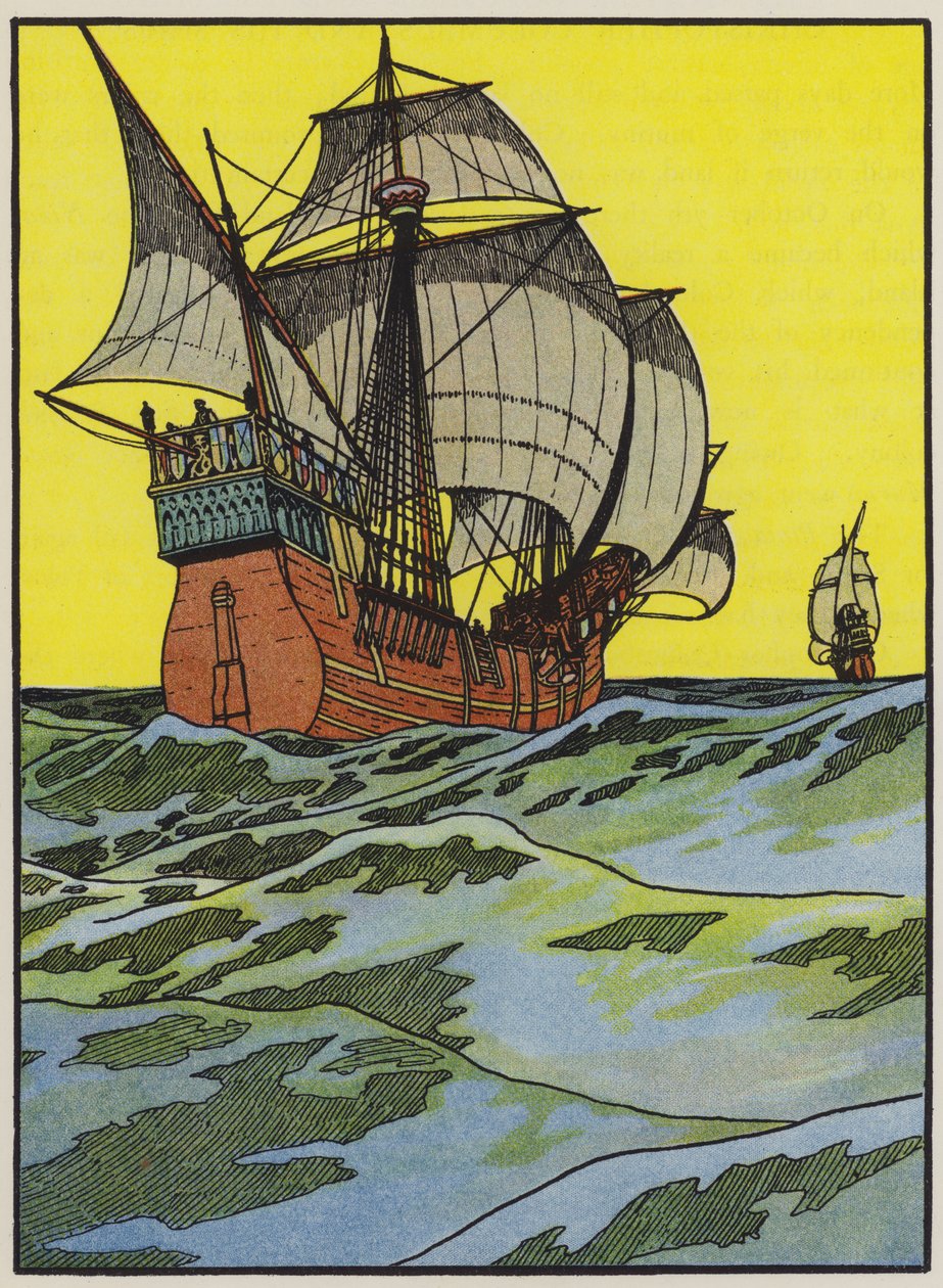 Lodě Kryštofa Kolumba na cestě přes Atlantik (barevná litografie) od English School