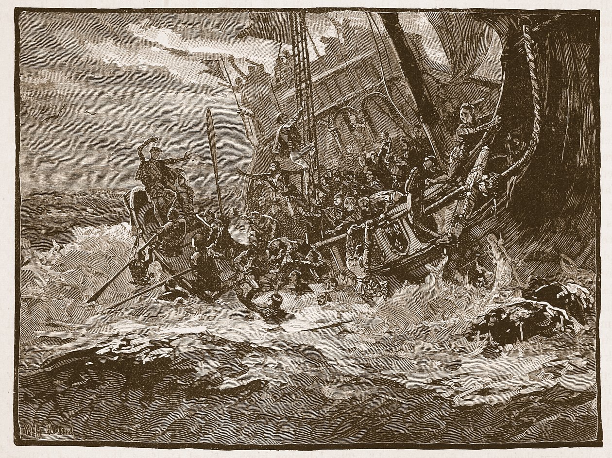 Ztroskotání lodi Prince William, ilustrace z Cassells Illustrated History of England (sépiová fotografie) od English School