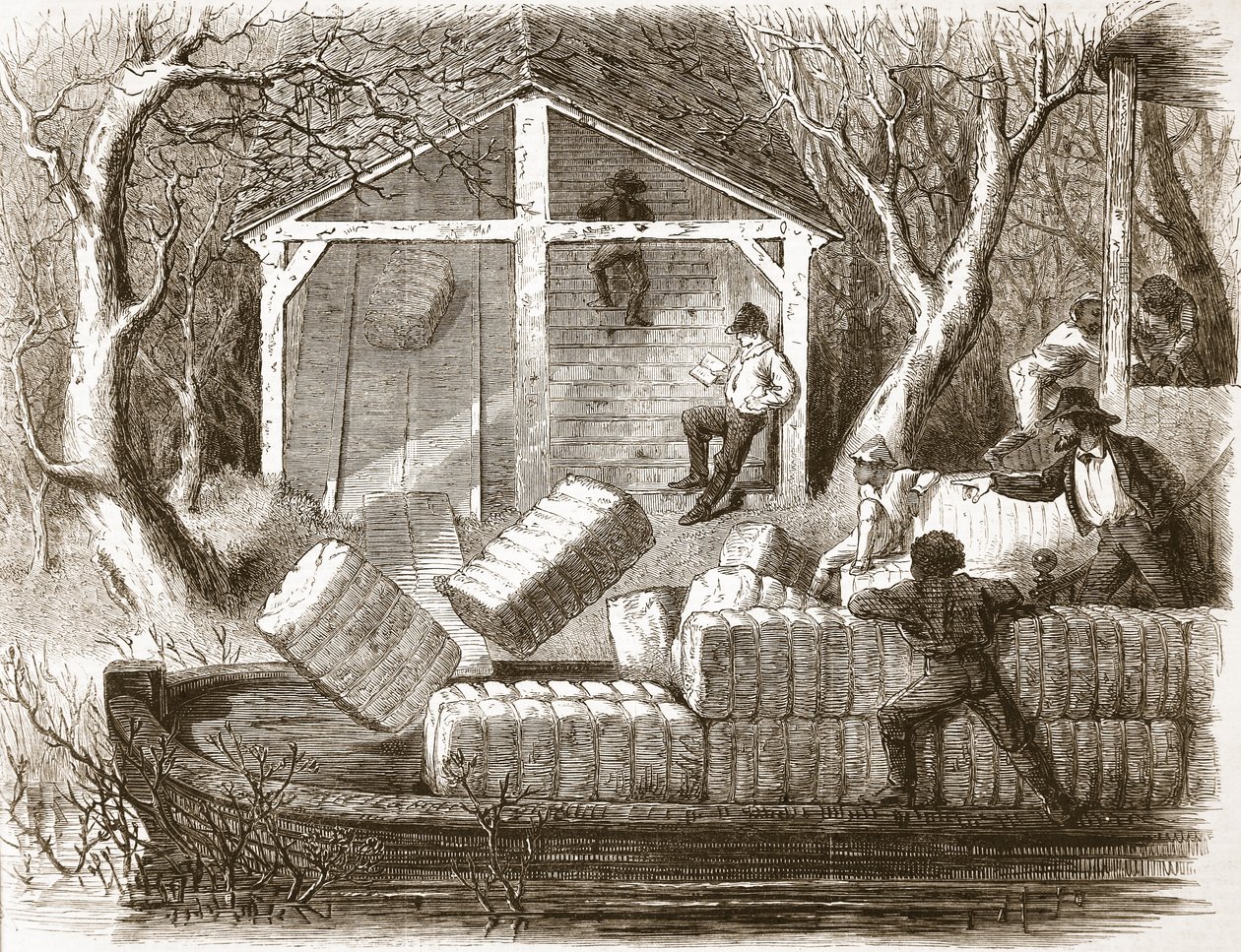 Střílení bavlněných balíků do přední části říčního parníku Magnolia, ilustrace z The Illustrated London News, 1861 od English School
