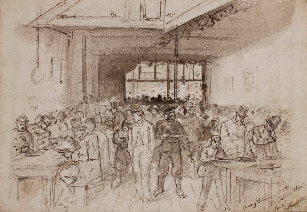 ?Shoreditch, Penny dinner v Australian Meat Company, cca 1860 (tužka, inkoust a mytí na papíře) od English School