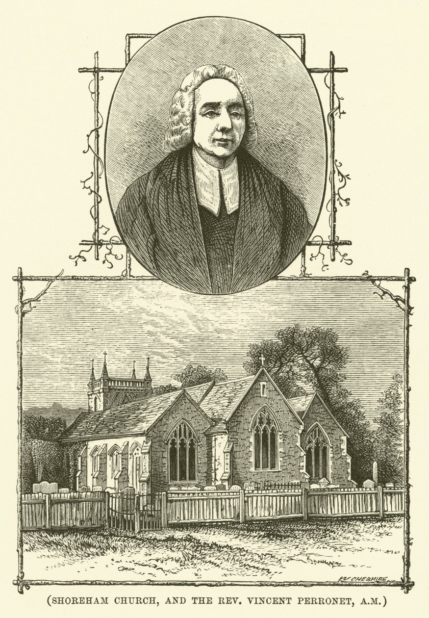 Kostel v Shorehamu a reverend Vincent Perronet, AM (rytina) od English School