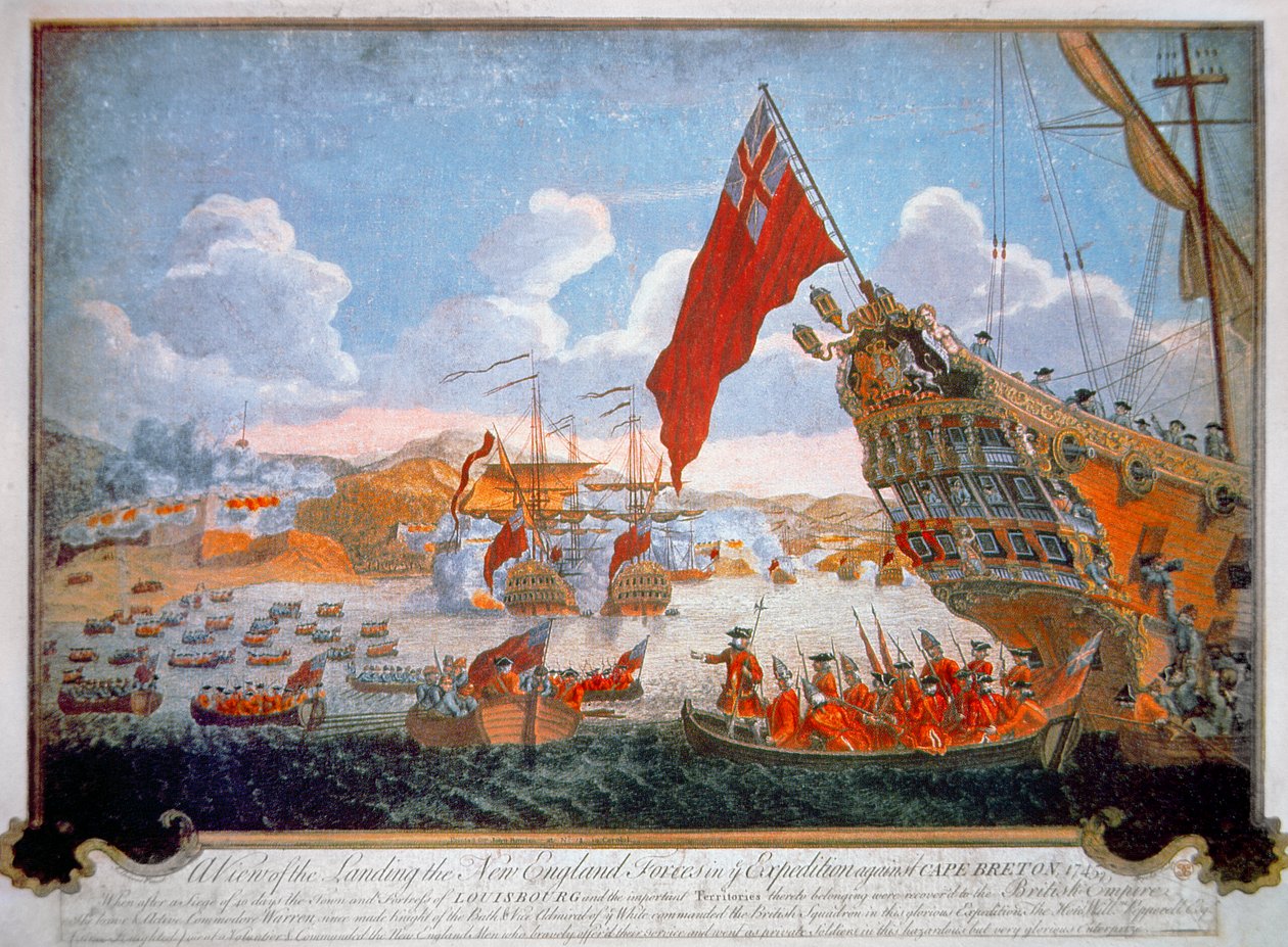 Obléhání francouzské pevnosti Louisbourg v roce 1745 britskými plavidly a novoanglickými koloniály (barva litho) od English School