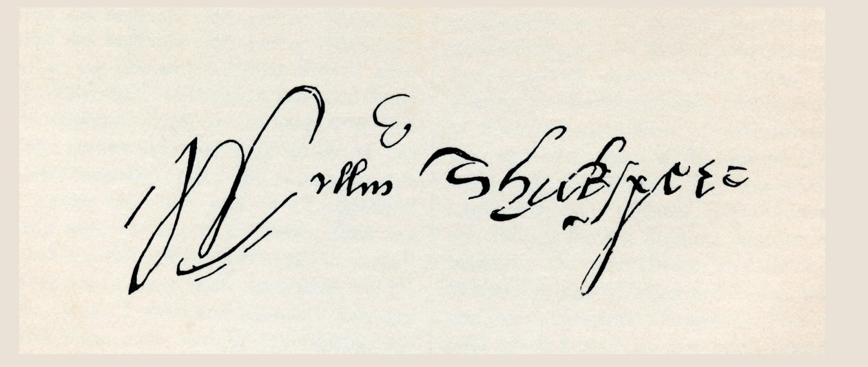 Podpis Williama Shakespeara, z „Díla Williama Shakespeara“, vydáno 1896 (rytina) od English School