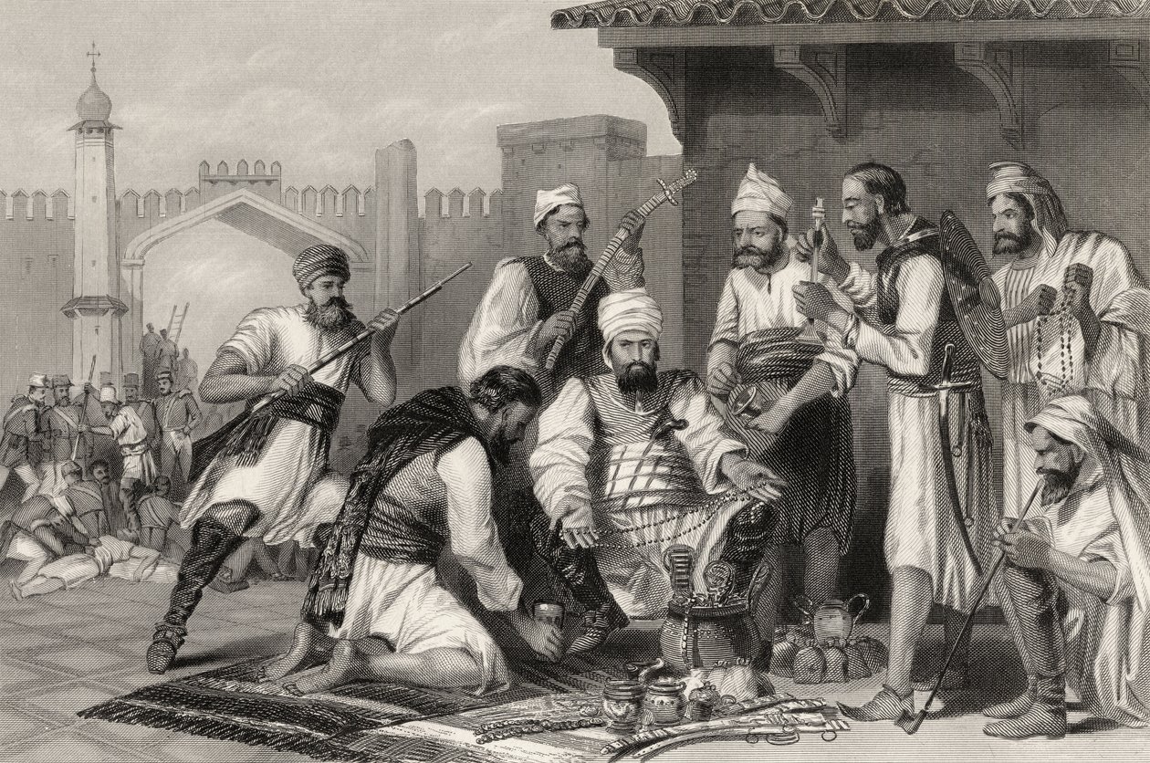 Sikhské jednotky rozdělující kořist získanou od vzbouřenců z „Historie indické vzpoury“ vydané v roce 1858 od English School