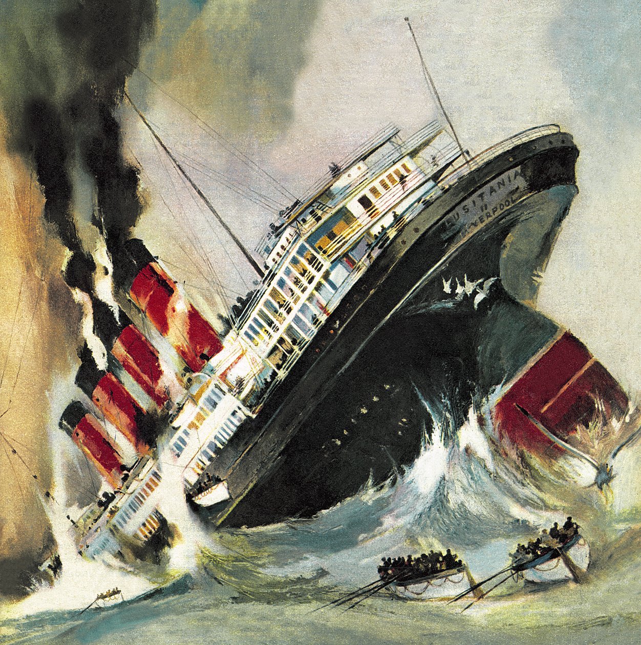 Potopení lodi Lusitania v květnu 1915 (litografie) od English School