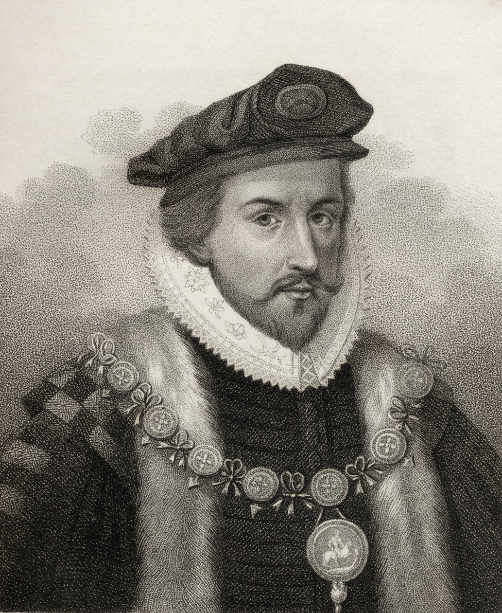 Sir Christopher Hatton, vyryl Bocquet, ilustrace z „Katalogu královských a vznešených autorů, svazek II“, vydaného v roce 1806 od English School