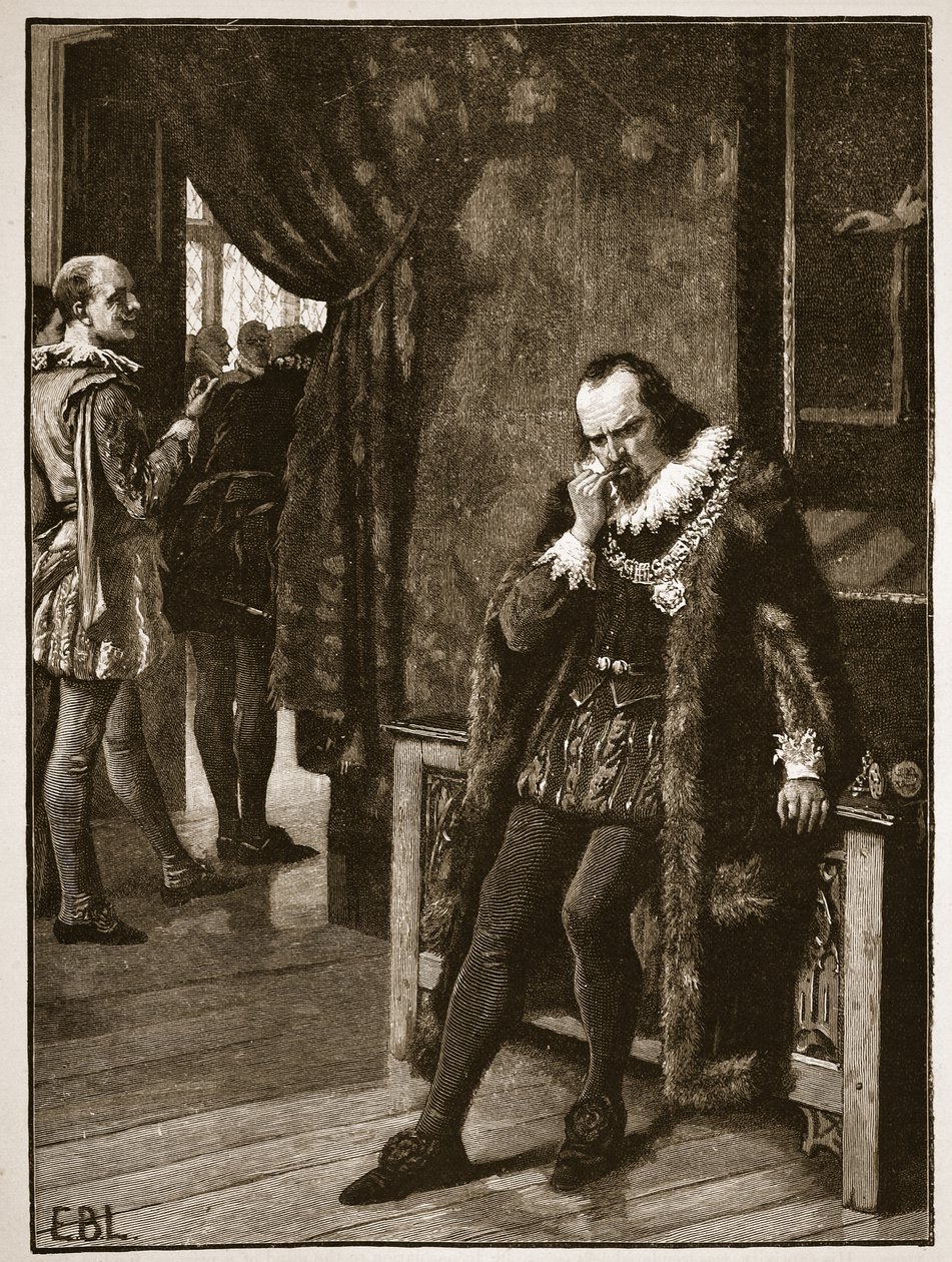 Sir Francis Bacon čeká na audienci u Buckinghama, ilustrace z Cassells Illustrated History of England (sépiová fotografie) od English School