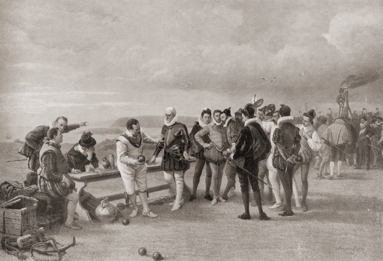 Sir Francis Drake hraje mísy se španělskou armádou na dohled v Plymouth Hoe v Anglii v roce 1588. od English School