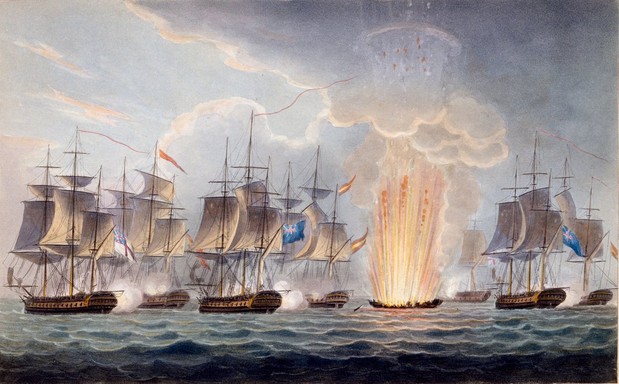 Sir Graham Moores Action off Cape St. Mary, 5. října 1804, z knihy The Naval Chronology of Great Britain, autor J. Ralfe od English School