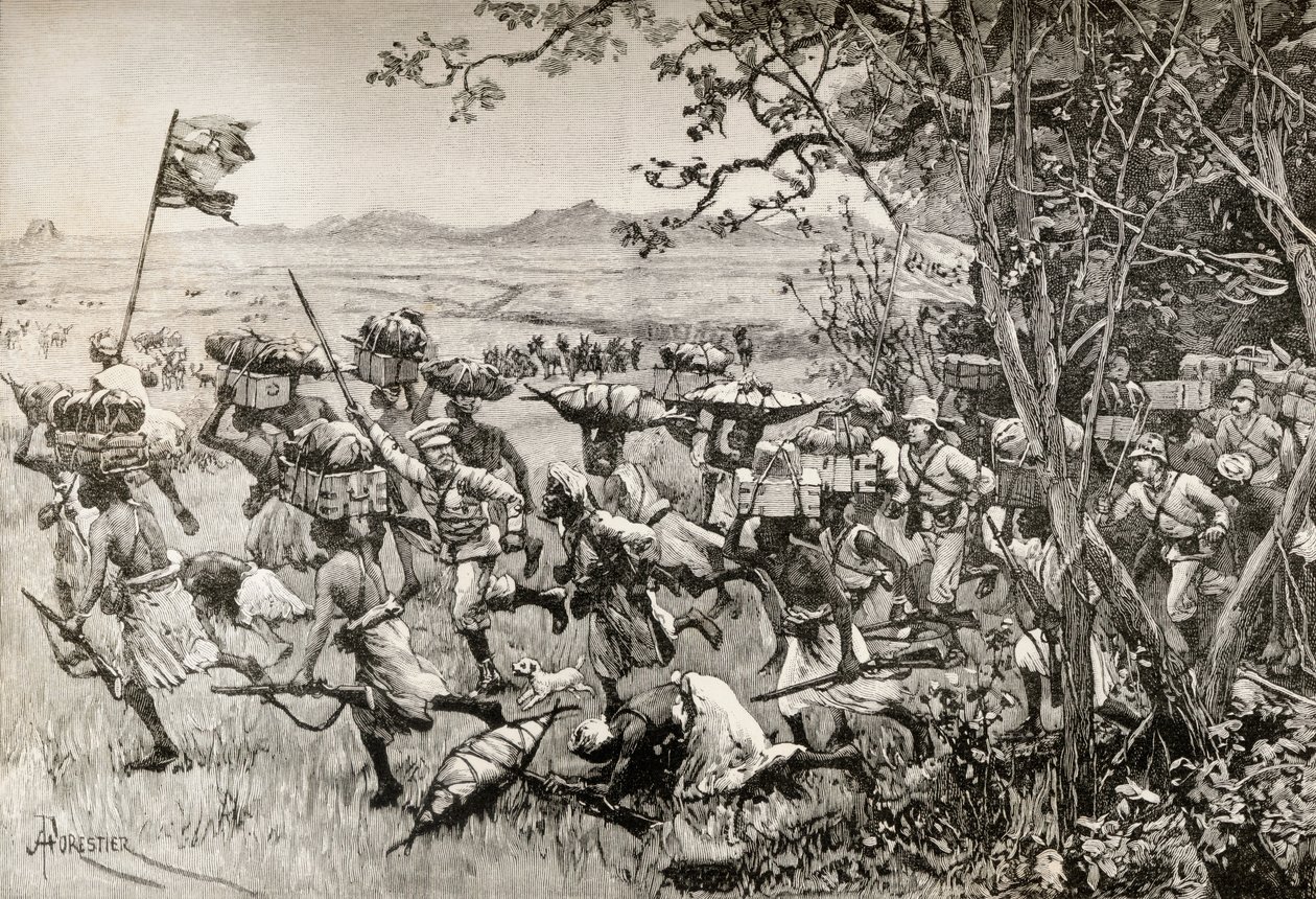 Sir Henry Morton Stanley a jeho muži konečně vycházejí z lesa na pastviny v roce 1887 během expedice Emin Paša Relief Expedition v Africe. od English School