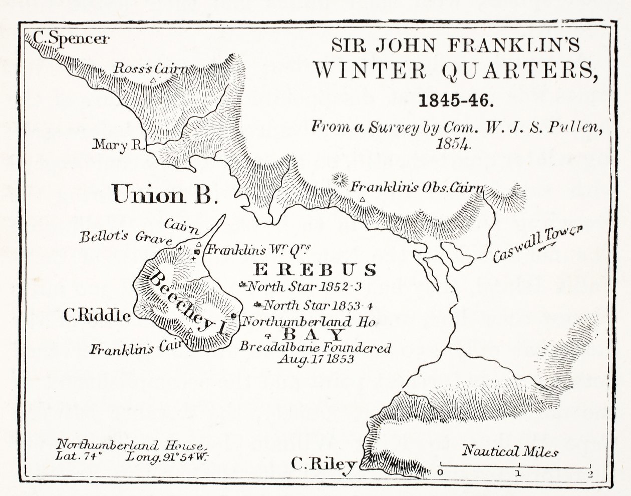 Sir John Franklins Winter Quarters, 1845-1846 z průzkumu Com. W.J.S. Pullen 1854, hospod. 1854 od English School