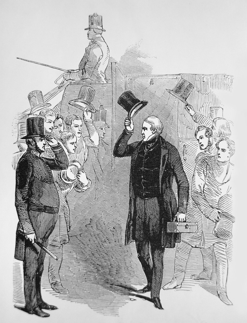 Sir Robert Peel přijíždějící do Dolní sněmovny, pozdraven „loupačkou“ (rytina) od English School
